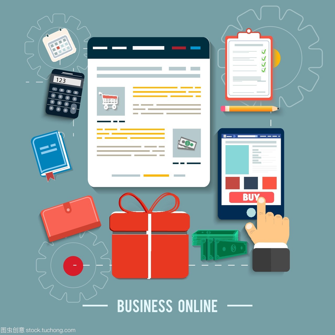 業(yè)務(wù)網(wǎng)絡(luò)圖標(biāo)。在平面設(shè)計(jì)中通過(guò)網(wǎng)上商店和電子商務(wù)思想符號(hào)和購(gòu)物元素購(gòu)買產(chǎn)品圖標(biāo)的海報(bào)概念